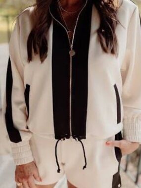 Women's Cream & Black Bomber Jacket - Sporty Zip Front